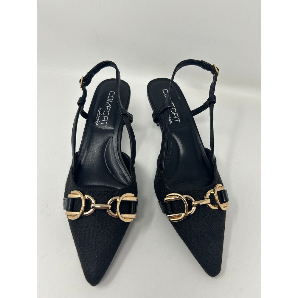Wild Diva Comfort Black Horsebit Slingback Kitten Heels Pointed Toe Pumps Size 6